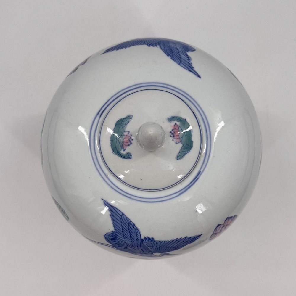 Vintage Chinese Lotus & Crane Ginger Jar Lidded Porcelain Famille Verte Style - Picture 2 of 9